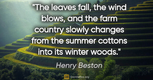 Henry Beston quote: "The leaves fall, the wind blows, and the farm country slowly..."