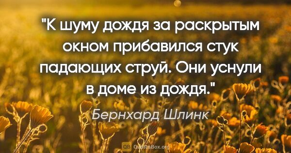 Бернхард Шлинк цитата: "К шуму дождя за раскрытым окном прибавился стук падающих..."