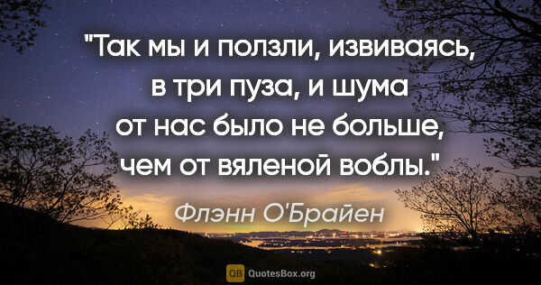 Флэнн О'Брайен цитата: "Так мы и ползли, извиваясь, в три пуза, и шума от нас было не..."