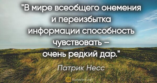 Патрик Несс цитата: "В мире всеобщего онемения и переизбытка информации способность..."