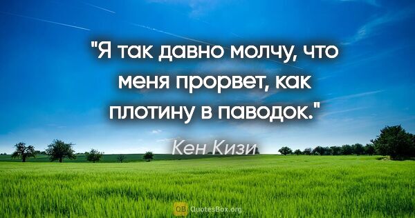 Кен Кизи цитата: "Я так давно молчу, что меня прорвет, как плотину в паводок."