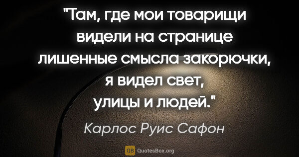 Карлос Руис Сафон цитата: "Там, где мои товарищи видели на странице лишенные смысла..."