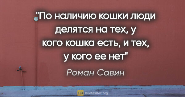 Роман Савин цитата: "По наличию кошки люди делятся на тех, у кого кошка есть, и..."