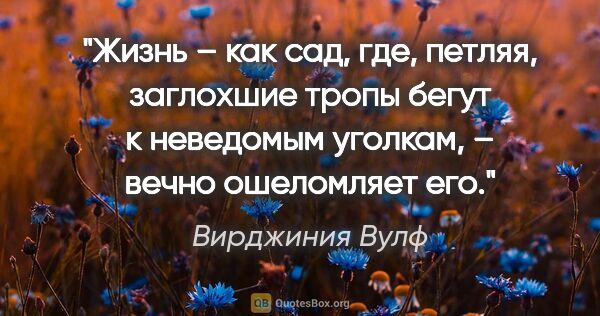 Вирджиния Вулф цитата: "Жизнь – как сад, где, петляя, заглохшие тропы бегут к..."