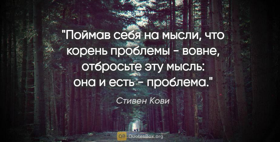 Стивен Кови цитата: "Поймав себя на мысли, что корень проблемы - вовне, отбросьте..."