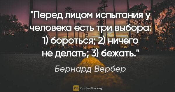 Бернард Вербер цитата: "Перед лицом испытания у человека есть три выбора: 1) бороться;..."