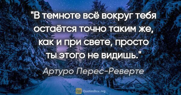 Артуро Перес-Реверте цитата: "В темноте всё вокруг тебя остаётся точно таким же, как и при..."