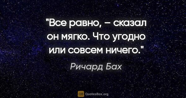 Ричард Бах цитата: "«Все равно», – сказал он мягко. «Что угодно или совсем ничего»."