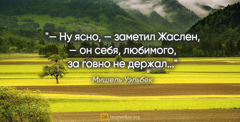 Мишель Уэльбек цитата: "— Ну ясно, — заметил Жаслен, — он себя, любимого, за говно не..."