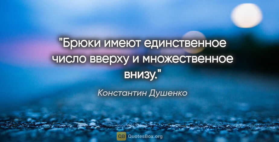 Константин Душенко цитата: "Брюки имеют единственное число вверху и множественное внизу."