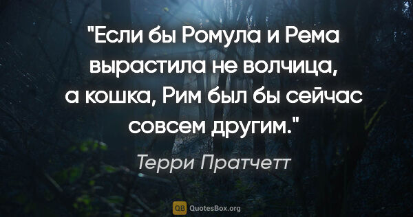 Терри Пратчетт цитата: ""Если бы Ромула и Рема вырастила не волчица, а кошка, Рим был..."