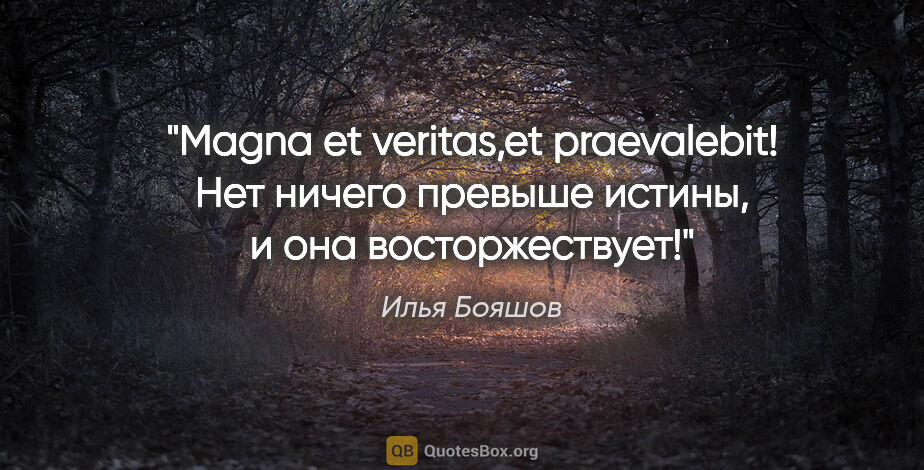 Илья Бояшов цитата: "Magna et veritas,et praevalebit!

Нет ничего превыше истины, и..."