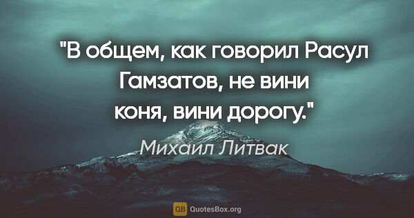 Михаил Литвак цитата: "В общем, как говорил Расул Гамзатов, «не вини коня, вини дорогу»."