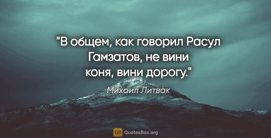 Михаил Литвак цитата: "В общем, как говорил Расул Гамзатов, «не вини коня, вини дорогу»."