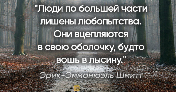 Эрик-Эмманюэль Шмитт цитата: "Люди по большей части лишены любопытства. Они вцепляются в..."