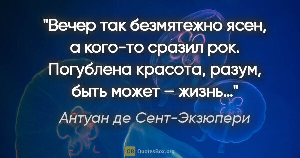 Антуан де Сент-Экзюпери цитата: "Вечер так безмятежно ясен, а кого-то сразил рок. Погублена..."