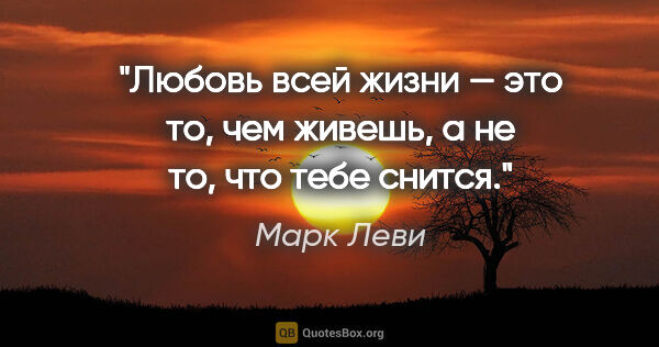 Марк Леви цитата: "Любовь всей жизни — это то, чем живешь, а не то, что тебе снится."