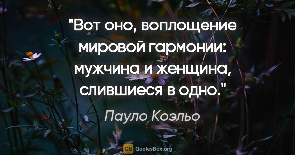 Пауло Коэльо цитата: "Вот оно, воплощение мировой гармонии: мужчина и женщина,..."