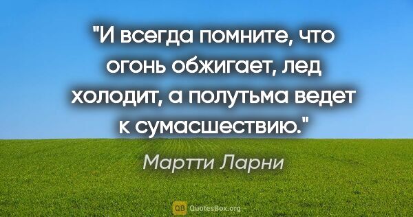 Мартти Ларни цитата: "И всегда помните, что огонь обжигает, лед холодит, а полутьма..."