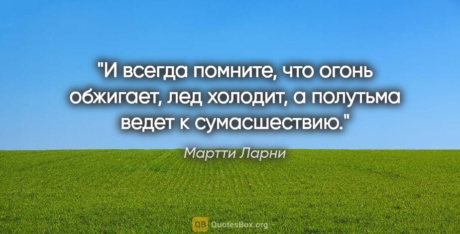 Мартти Ларни цитата: "И всегда помните, что огонь обжигает, лед холодит, а полутьма..."