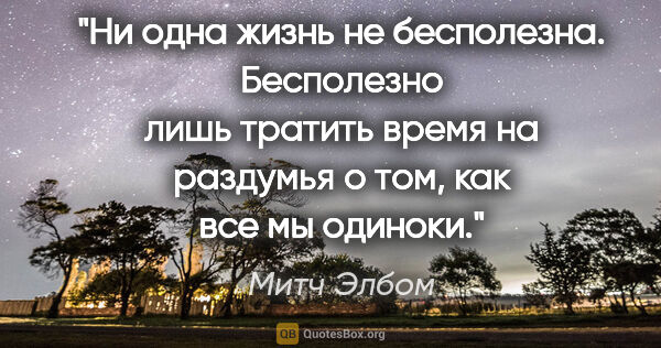 Митч Элбом цитата: "Ни одна жизнь не бесполезна. Бесполезно лишь тратить время на..."