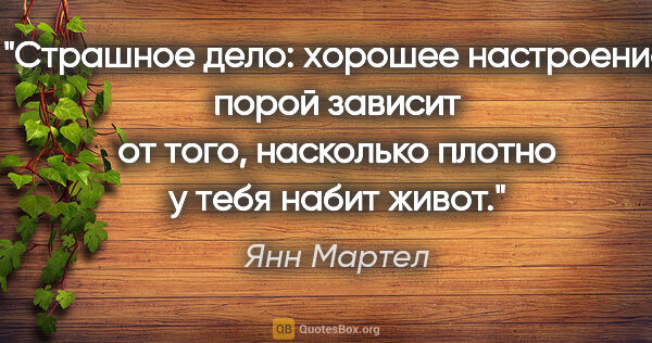 Янн Мартел цитата: "Страшное дело: хорошее настроение порой зависит от того,..."