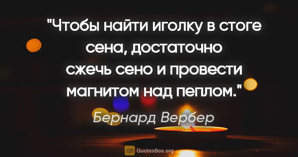 Бернард Вербер цитата: "Чтобы найти иголку в стоге сена, достаточно сжечь сено и..."