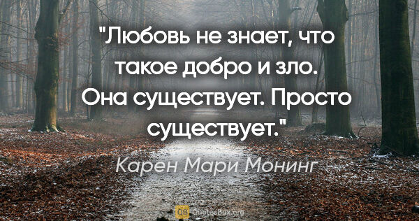 Карен Мари Монинг цитата: "Любовь не знает, что такое добро и зло. Она существует. Просто..."