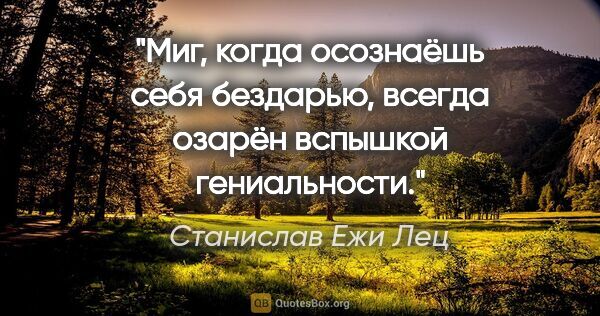 Станислав Ежи Лец цитата: "Миг, когда осознаёшь себя бездарью, всегда озарён вспышкой..."