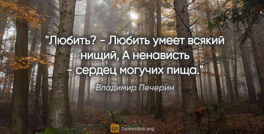 Владимир Печерин цитата: "Любить? - Любить умеет всякий нищий,

А ненависть - сердец..."