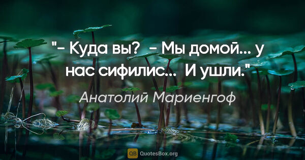 Анатолий Мариенгоф цитата: "- Куда вы?

 - Мы домой... у нас сифилис...

 И ушли."