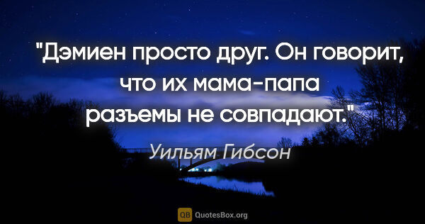 Уильям Гибсон цитата: "Дэмиен просто друг.

Он говорит, что их «мама-папа» разъемы не..."