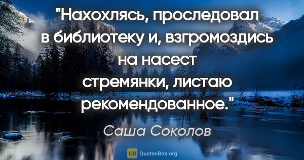 Саша Соколов цитата: "Нахохлясь, проследовал в библиотеку и, взгромоздись на насест..."