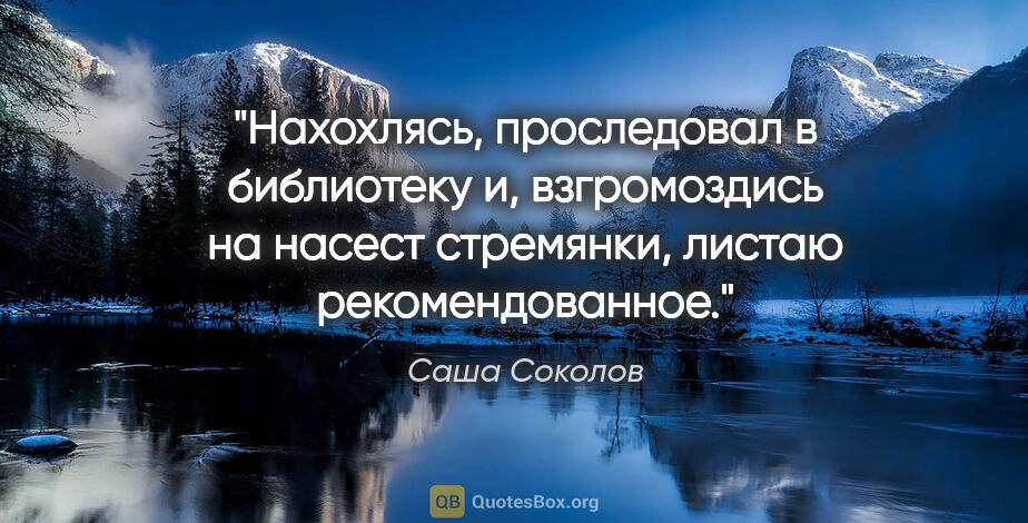 Саша Соколов цитата: "Нахохлясь, проследовал в библиотеку и, взгромоздись на насест..."