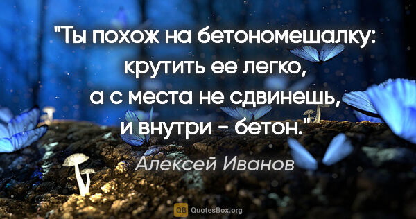 Алексей Иванов цитата: "Ты похож на бетономешалку: крутить ее легко, а с места не..."