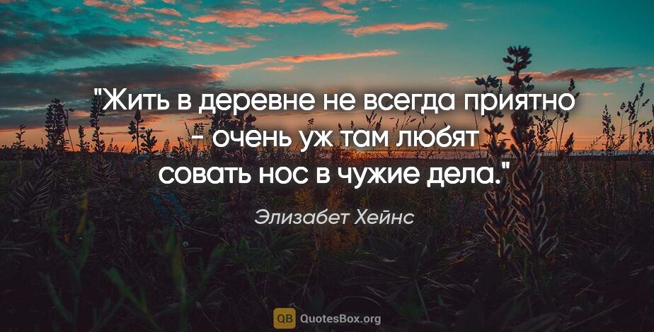 Элизабет Хейнс цитата: "Жить в деревне не всегда приятно - очень уж там любят совать..."