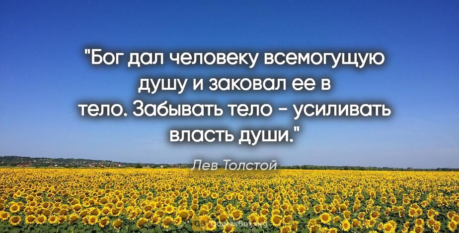 Лев Толстой цитата: "Бог дал человеку всемогущую душу и заковал ее в тело. Забывать..."