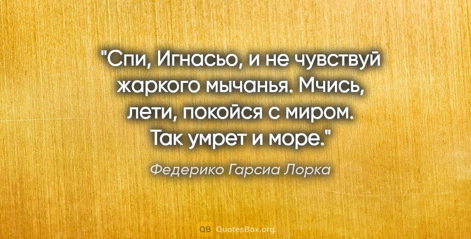 Федерико Гарсиа Лорка цитата: "Спи, Игнасьо, и не чувствуй жаркого мычанья.

Мчись, лети,..."