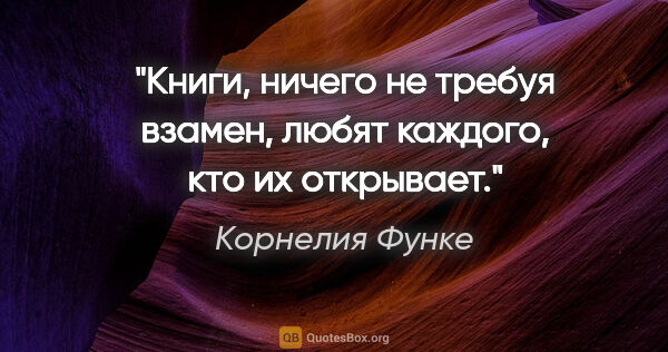 Корнелия Функе цитата: "Книги, ничего не требуя взамен, любят каждого, кто их открывает."