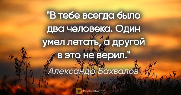 Александр Бахвалов цитата: "В тебе всегда было два человека. Один умел летать, а другой в..."