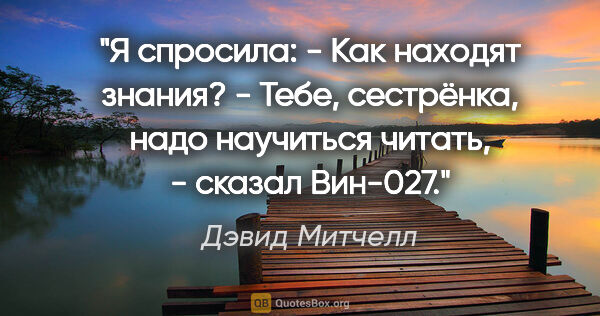 Дэвид Митчелл цитата: "Я спросила:

- Как находят знания?

- Тебе, сестрёнка, надо..."