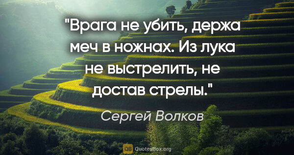 Сергей Волков цитата: "Врага не убить, держа меч в ножнах. Из лука не выстрелить, не..."