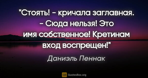 Даниэль Пеннак цитата: ""Стоять! - кричала заглавная. - Сюда нельзя! Это имя..."