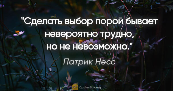 Патрик Несс цитата: "Сделать выбор порой бывает невероятно трудно, но не невозможно."