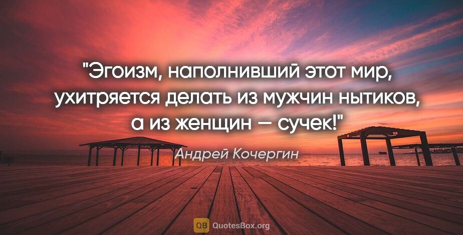 Андрей Кочергин цитата: "Эгоизм, наполнивший этот мир, ухитряется делать из мужчин..."