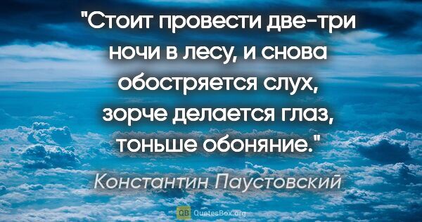 Константин Паустовский цитата: "Стоит провести две-три ночи в лесу, и снова обостряется слух,..."