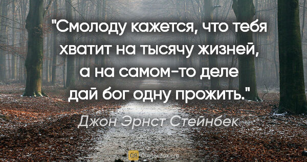 Джон Эрнст Стейнбек цитата: "Смолоду кажется, что тебя хватит на тысячу жизней, а на..."