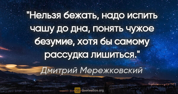 Дмитрий Мережковский цитата: "Нельзя бежать, надо испить чашу до дна, понять чужое безумие,..."