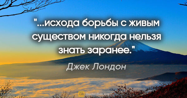 Джек Лондон цитата: "...исхода борьбы с живым существом никогда нельзя знать заранее."