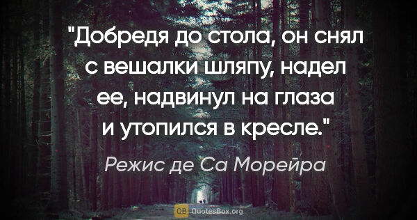 Режис де Са Морейра цитата: "Добредя до стола, он снял с вешалки шляпу, надел ее, надвинул..."